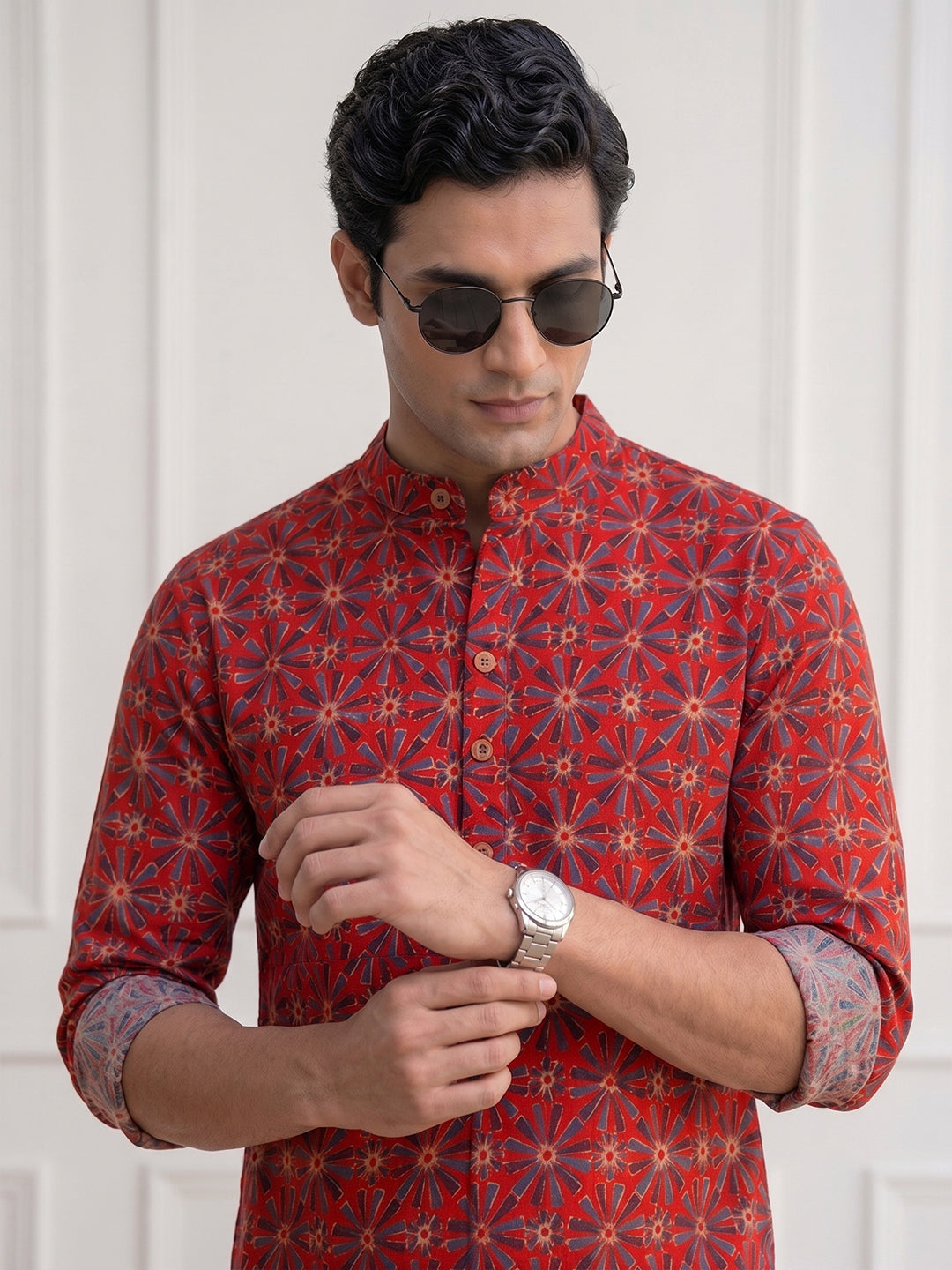 KISHRO Men Cotton Printed Regular Fit Short Kurta - Rust
