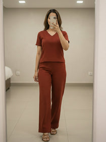 KISHRO Women Linen Solid Relaxed Fit Co-ord Set - Maroon