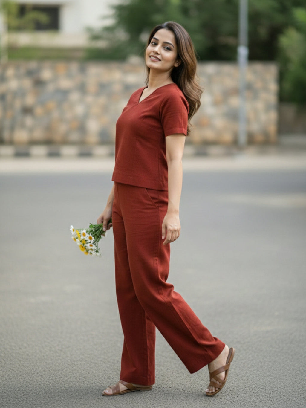 KISHRO Women Linen Solid Relaxed Fit Co-ord Set - Maroon