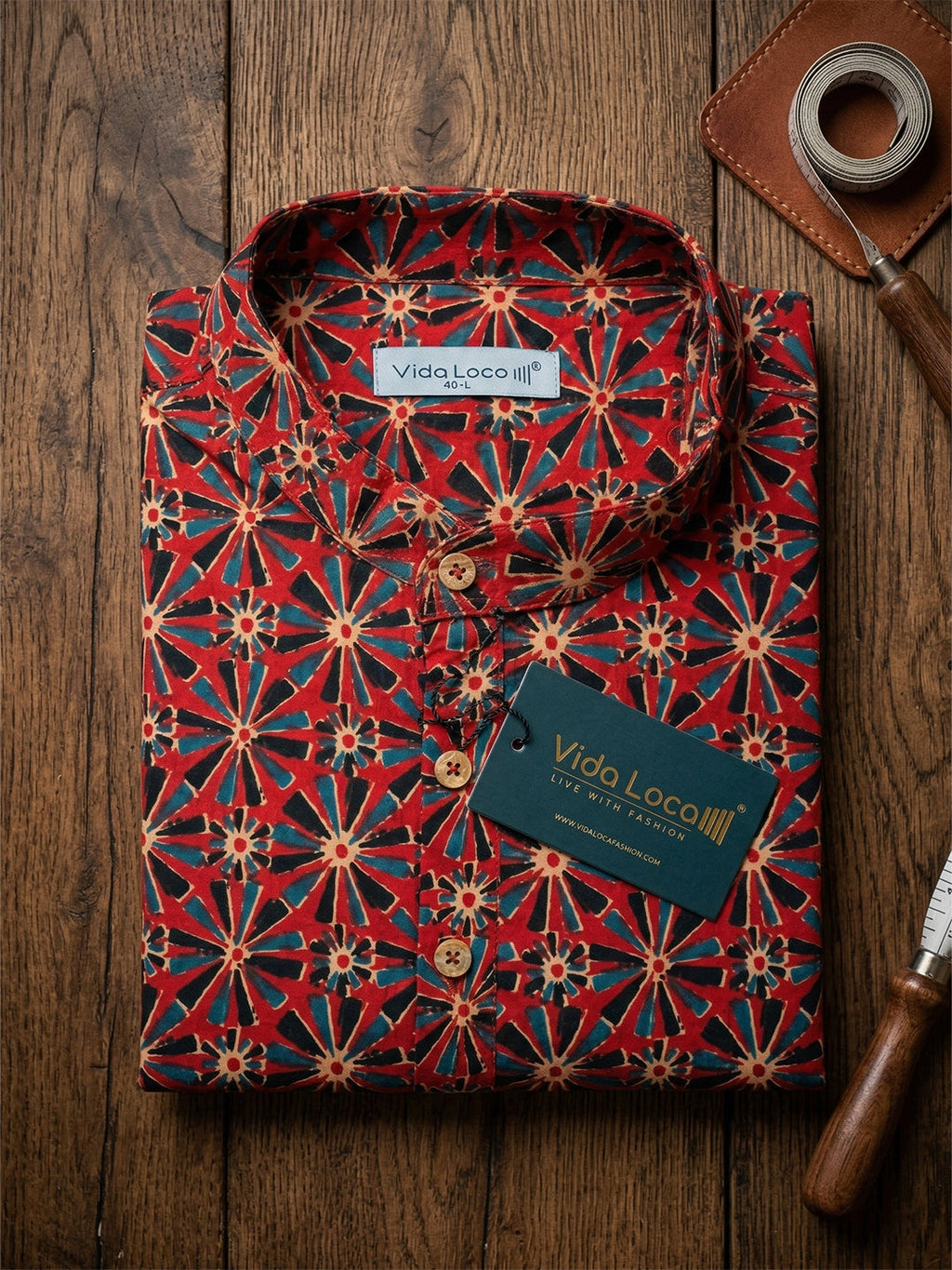 KISHRO Men Cotton Printed Regular Fit Short Kurta - Rust