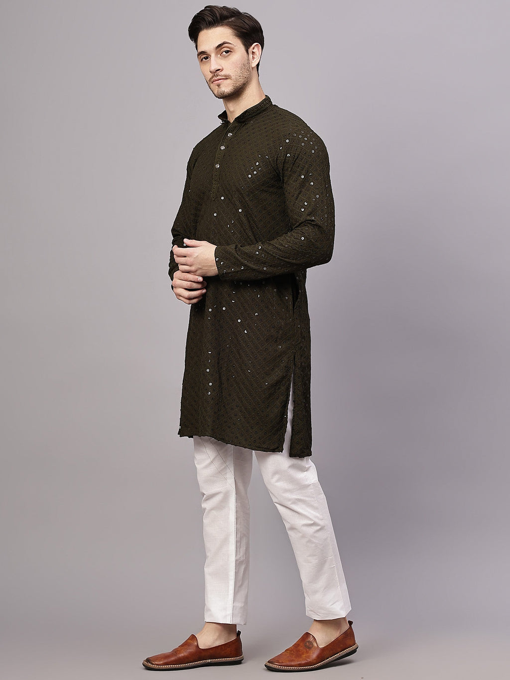 KISHRO Men Rayon Schiffli Chikankari Embroidered Long Kurta Set - Yellow