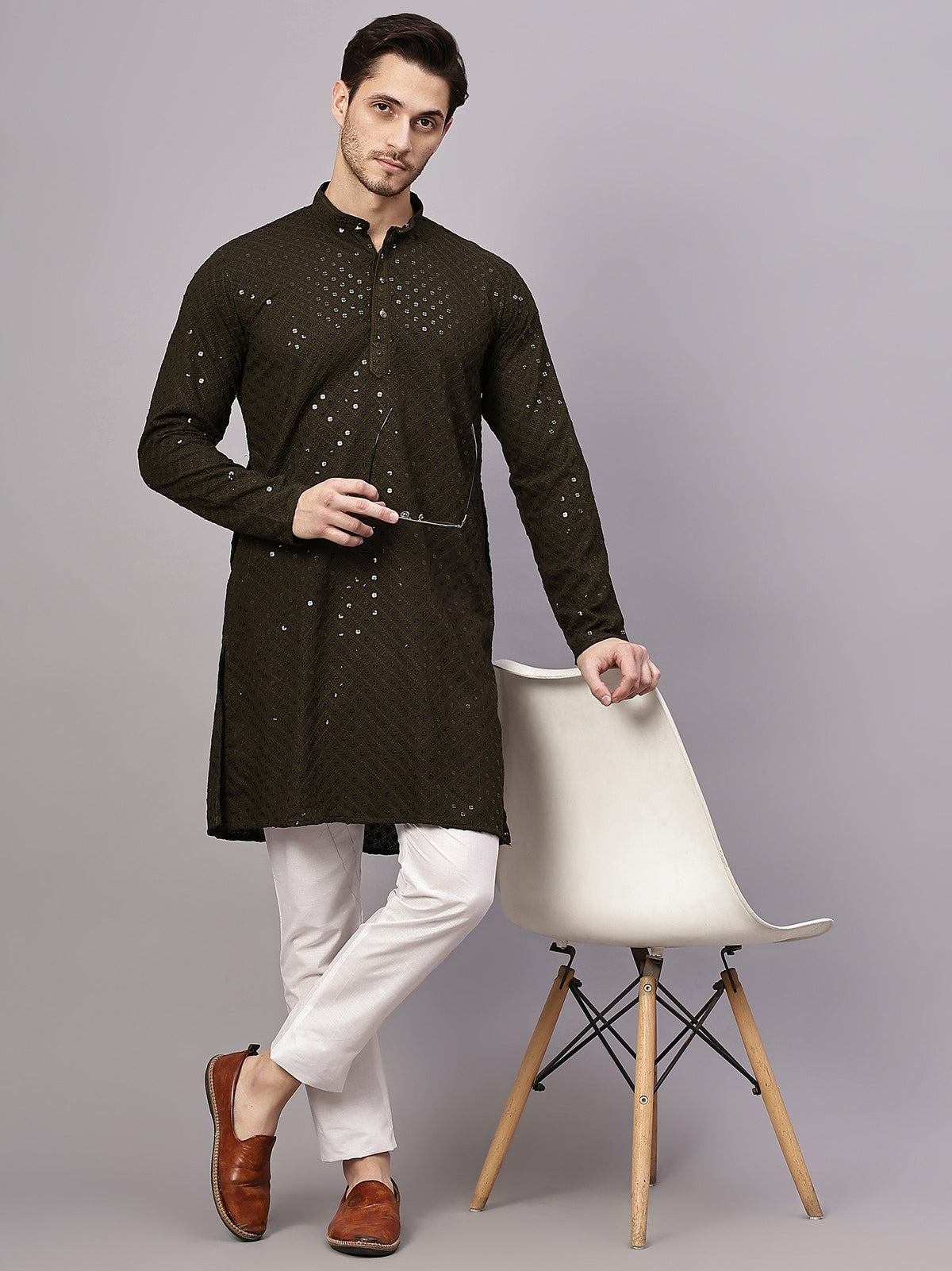KISHRO Men Rayon Schiffli Chikankari Embroidered Long Kurta Set - Yellow