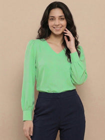 KISHRO Women Denim Solid Regular Fit Top - Teal Blue
