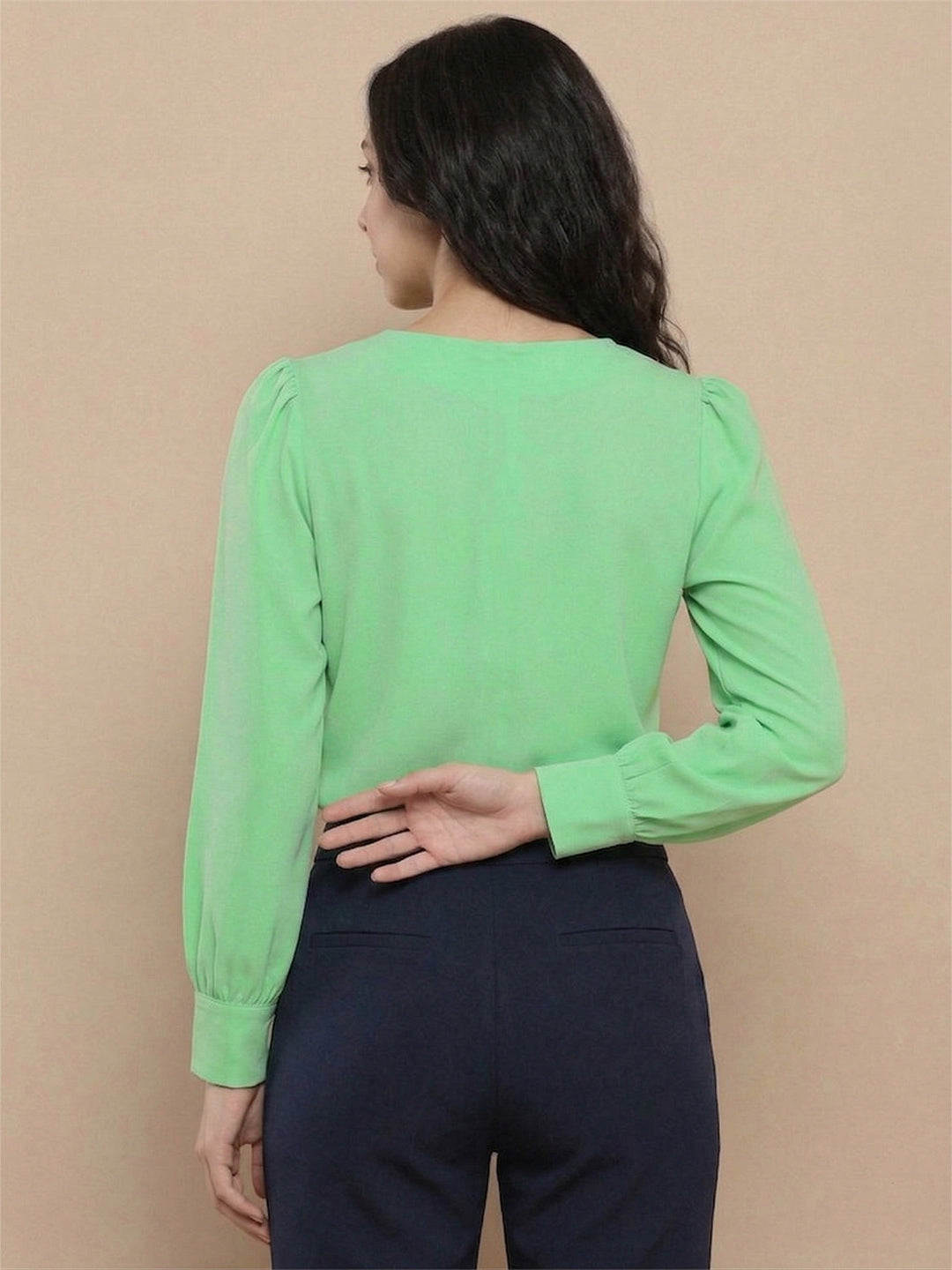 KISHRO Women Denim Solid Regular Fit Top - Teal Blue