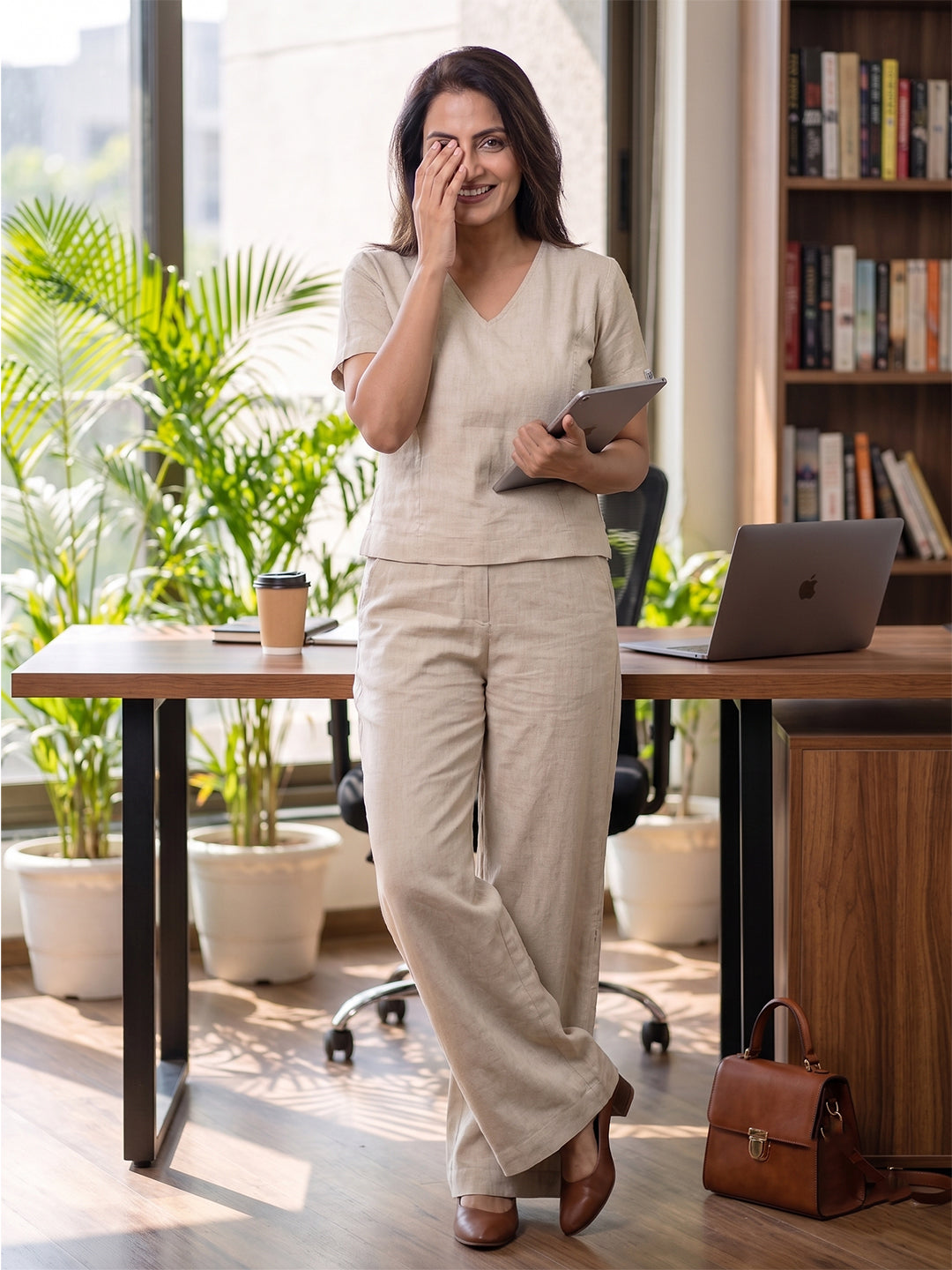 KISHRO Women Linen Solid Relaxed Fit Co-ord Set - Cream