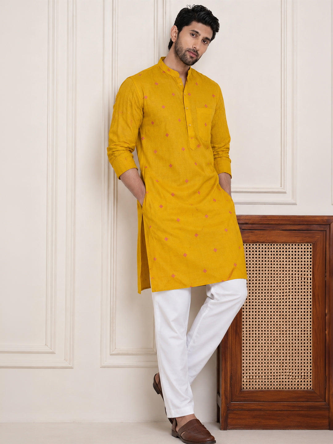 KISHRO Men Cotton Printed Regular Fit Long Kurta - Yellow Main image
