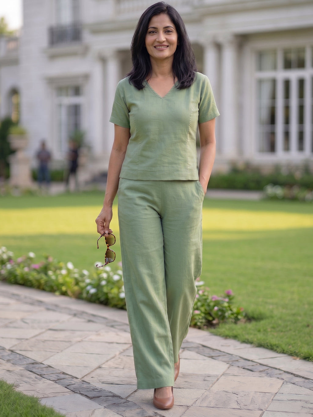 KISHRO Women Linen Solid Relaxed Fit Co-ord Set - Light Green