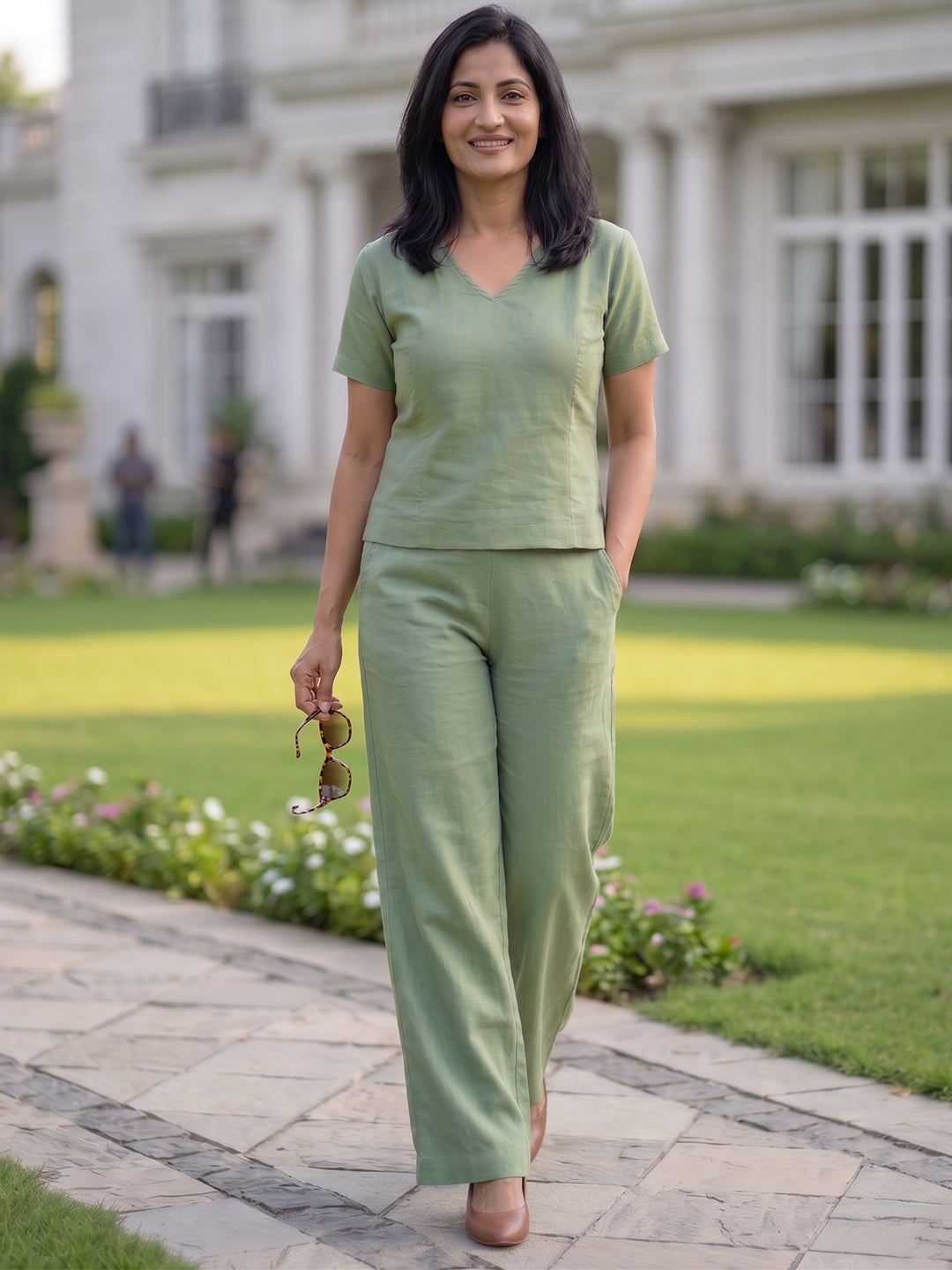 KISHRO Women Linen Solid Relaxed Fit Co-ord Set - Light Green