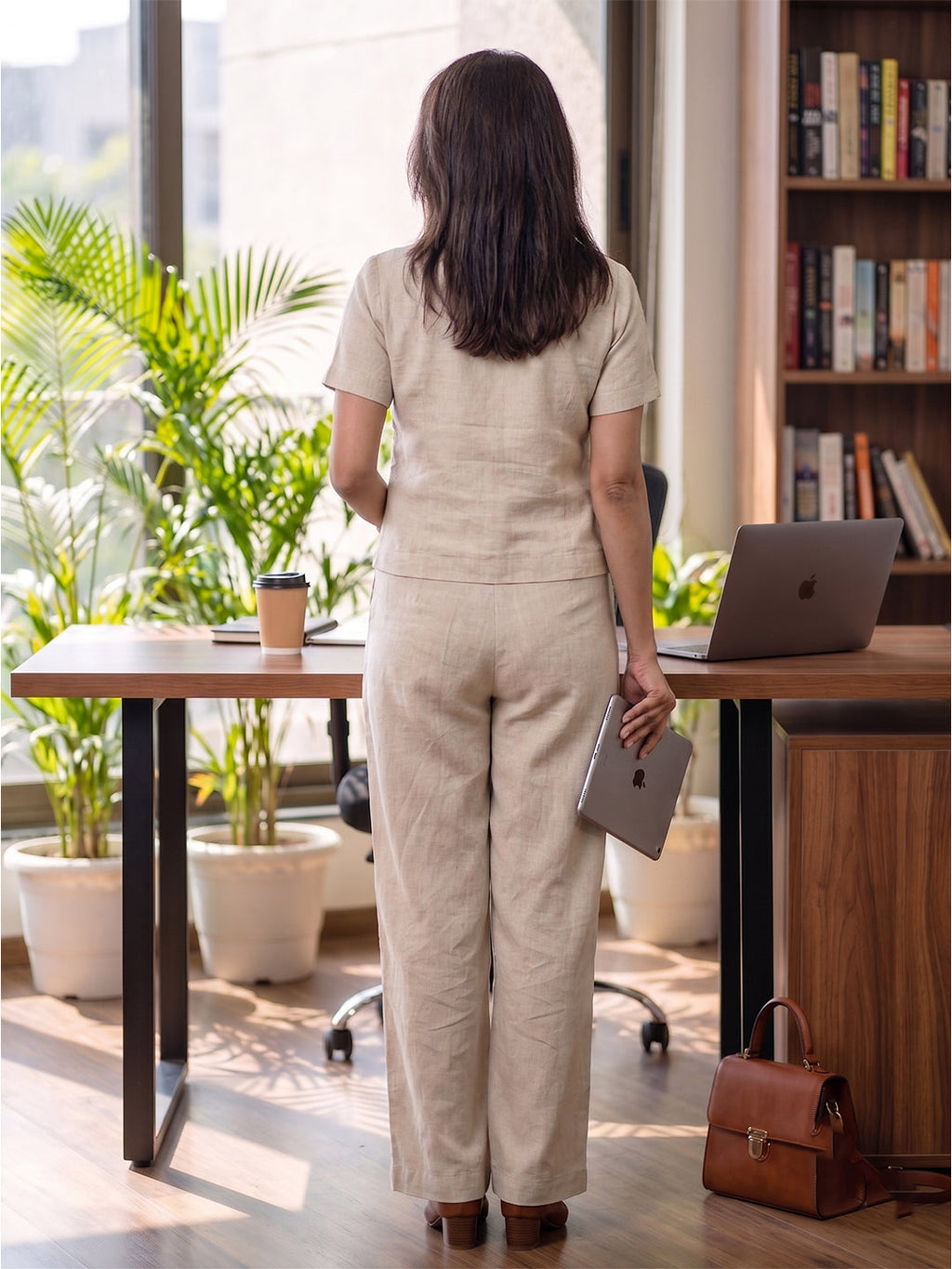 KISHRO Women Linen Solid Relaxed Fit Co-ord Set - Cream