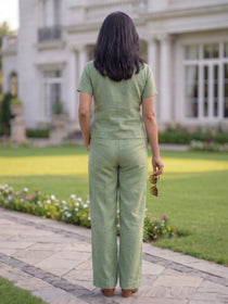 KISHRO Women Linen Solid Relaxed Fit Co-ord Set - Light Green
