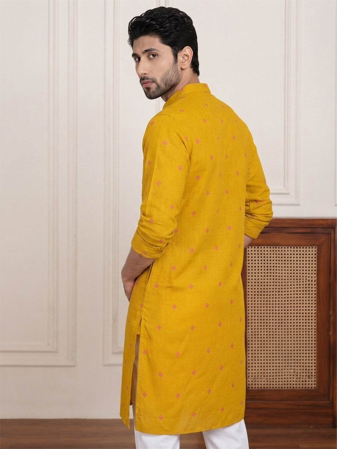 KISHRO Men Cotton Printed Regular Fit Long Kurta - Yellow Secondary image