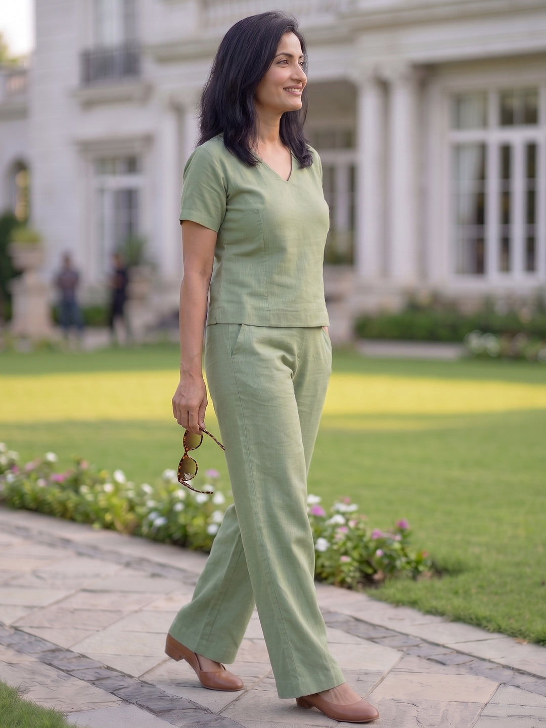 KISHRO Women Linen Solid Relaxed Fit Co-ord Set - Light Green