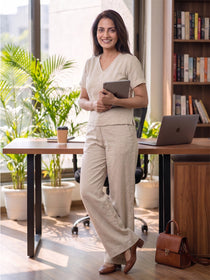 KISHRO Women Linen Solid Relaxed Fit Co-ord Set - Cream
