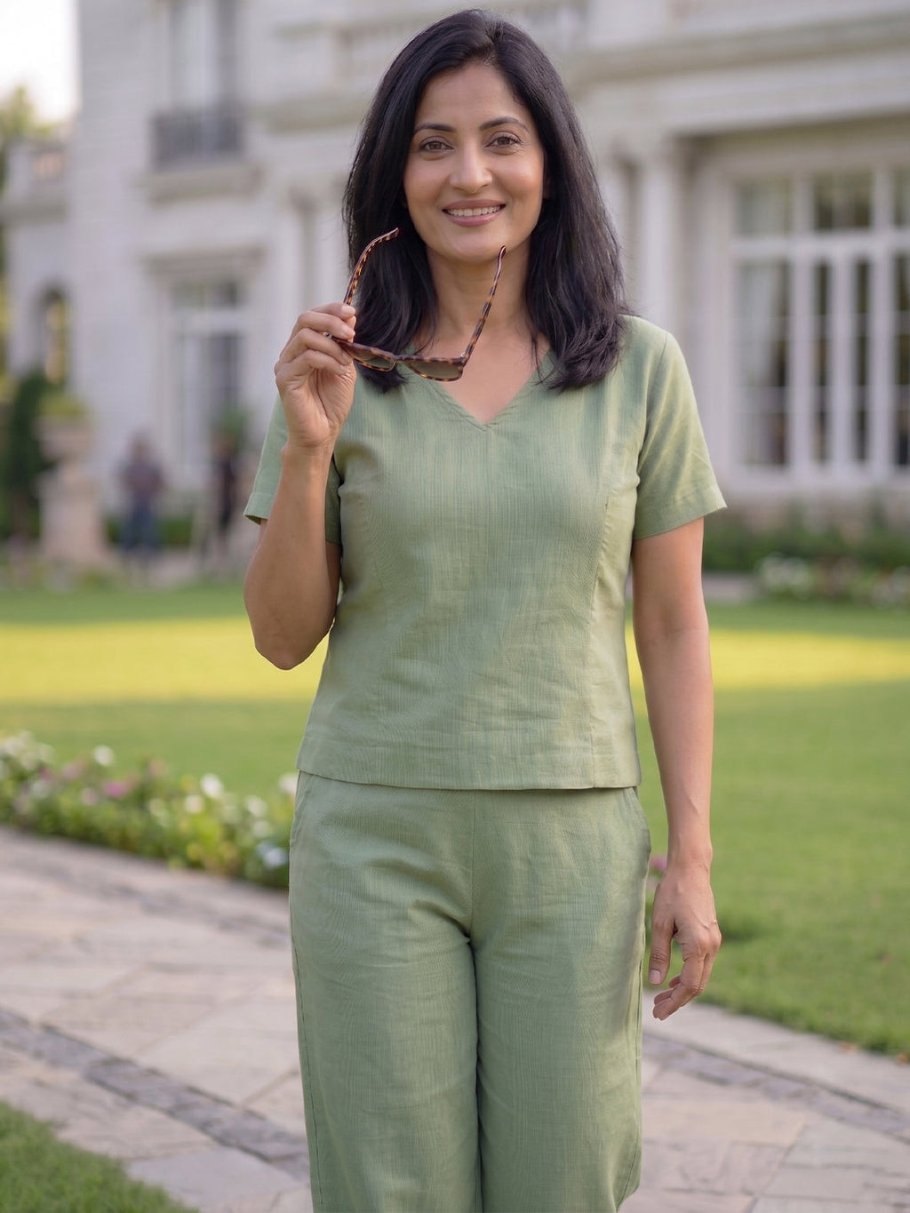 KISHRO Women Linen Solid Relaxed Fit Co-ord Set - Light Green