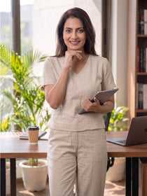 KISHRO Women Linen Solid Relaxed Fit Co-ord Set - Cream