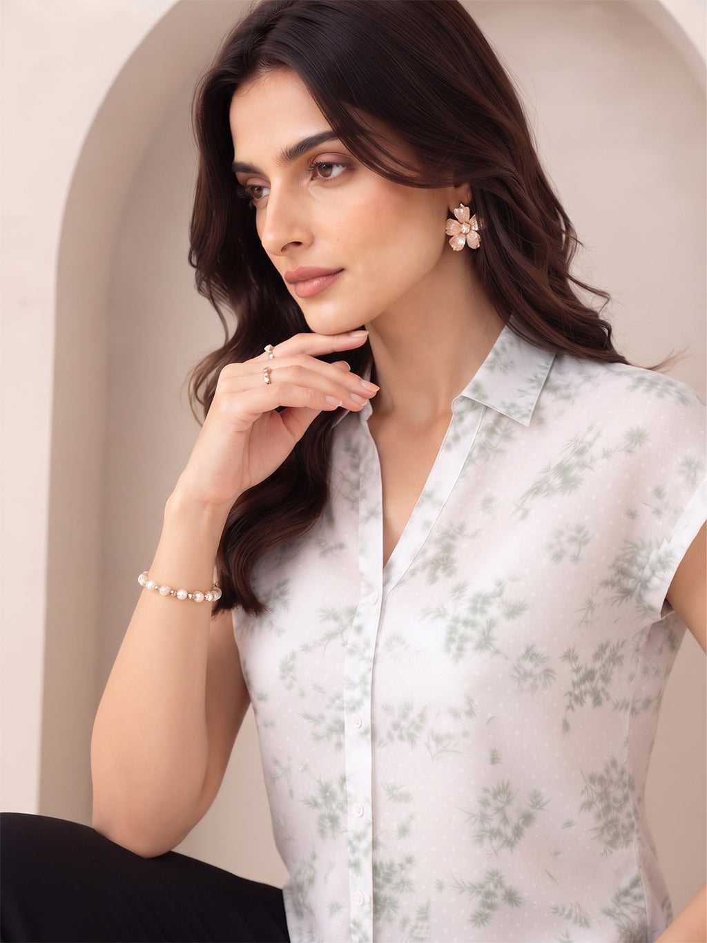 KISHRO Women Viscose Rayon Floral Printed Regular Fit Shirt - White