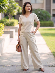 KISHRO Women Linen Solid Relaxed Fit Co-ord Set - Cream