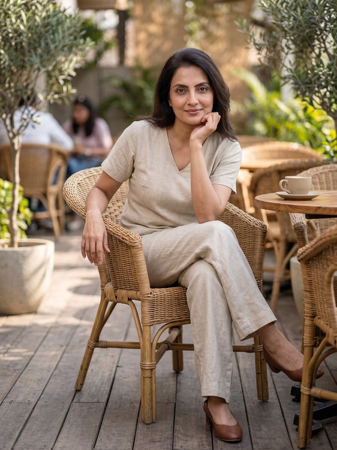 KISHRO Women Linen Solid Relaxed Fit Co-ord Set - Cream