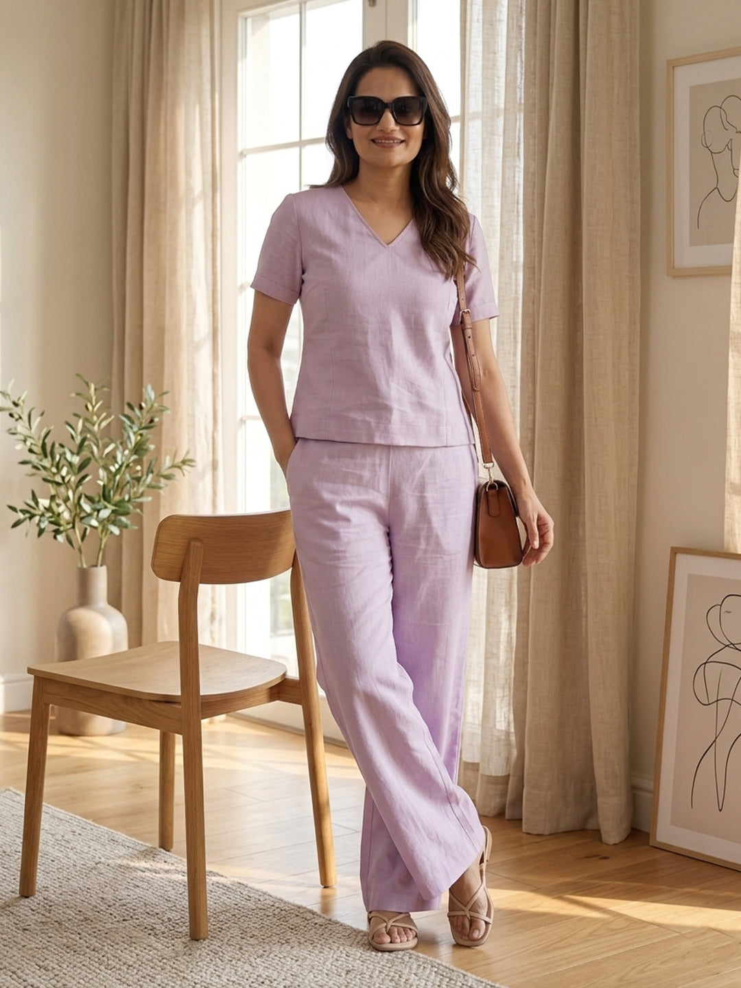 KISHRO Women Linen Solid Relaxed Fit Co-ord Set - Purple