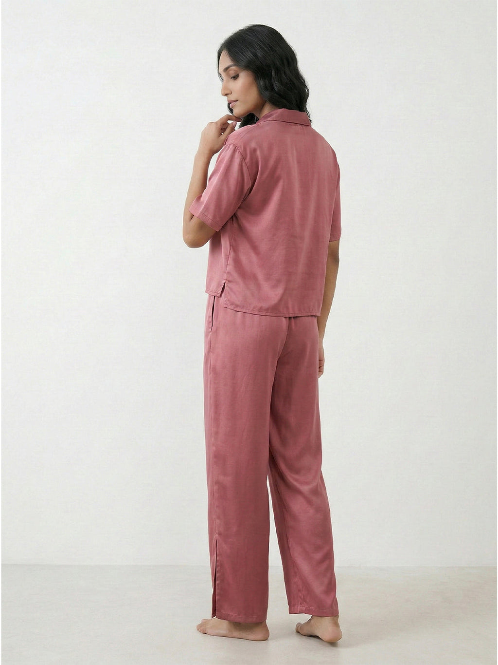 KISHRO Women Linen Solid Relaxed Fit Night Suit Set - Maroon