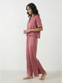 KISHRO Women Linen Solid Relaxed Fit Night Suit Set - Maroon