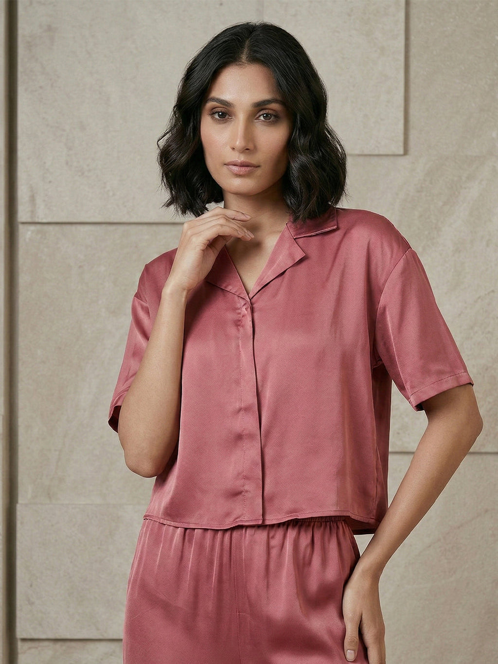 KISHRO Women Linen Solid Relaxed Fit Night Suit Set - Maroon