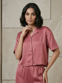 KISHRO Women Linen Solid Relaxed Fit Night Suit Set - Maroon