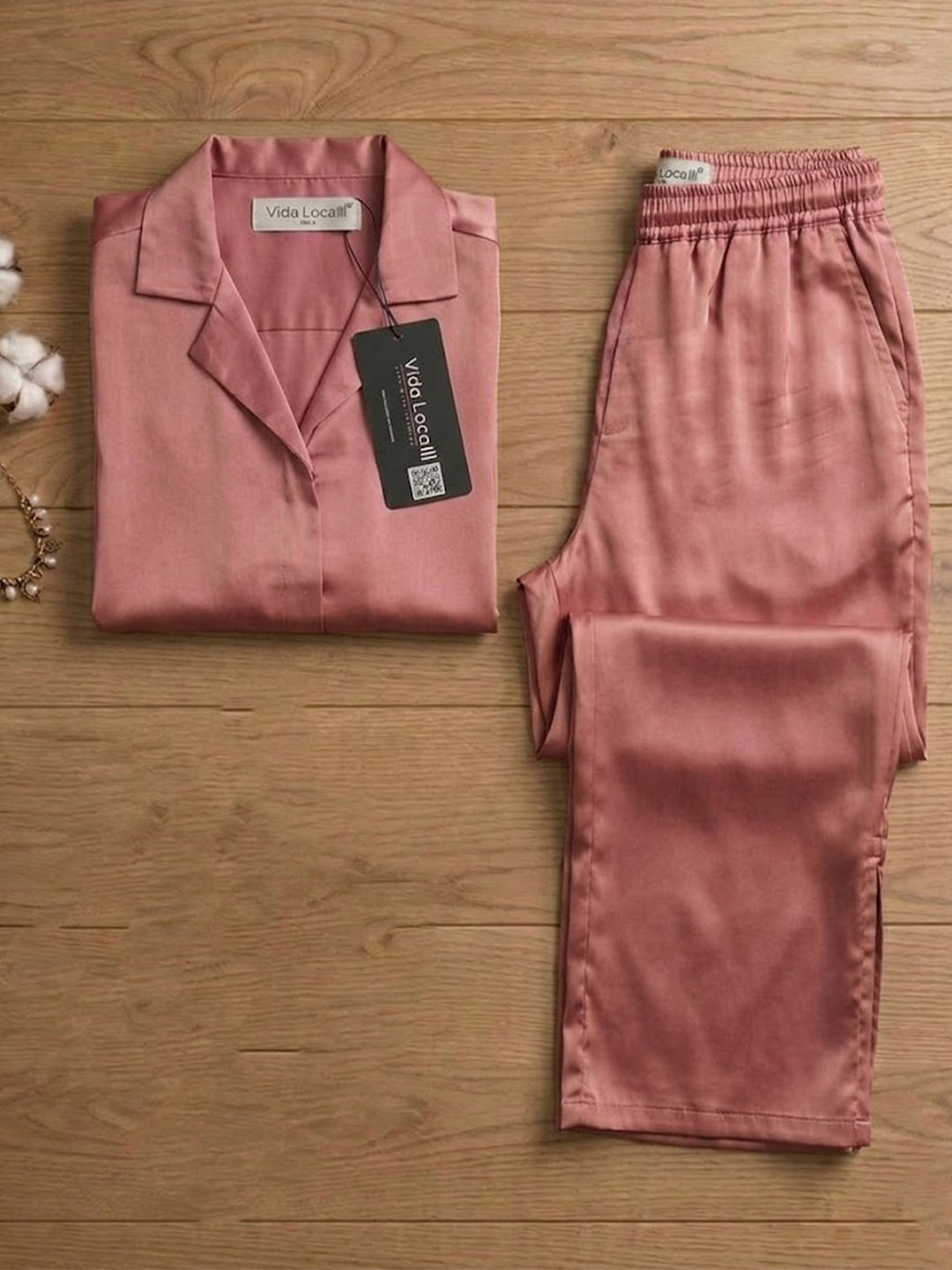 KISHRO Women Linen Solid Relaxed Fit Night Suit Set - Maroon
