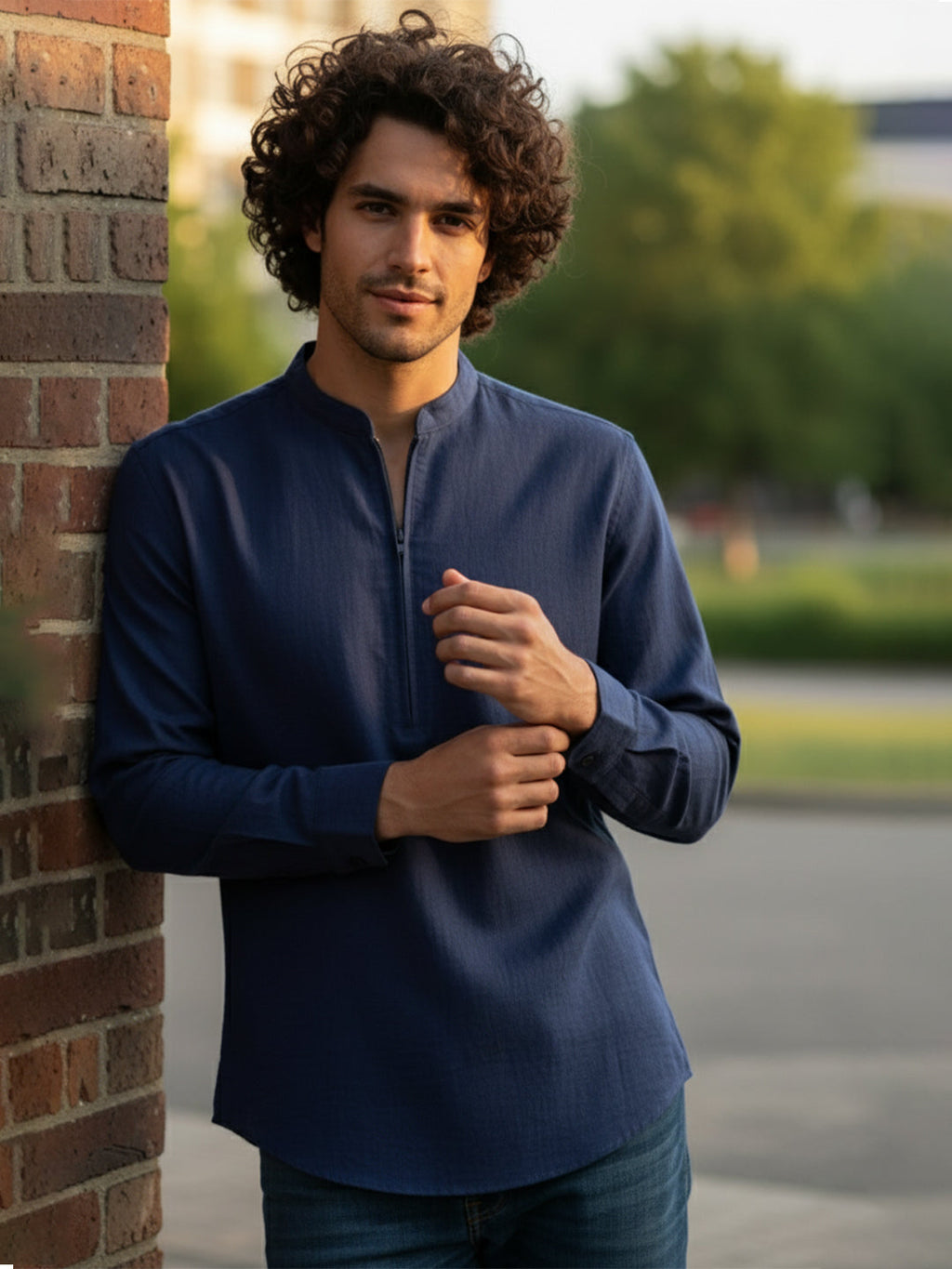 KISHRO Men Cotton Blend Striped Solid Short Kurta - Beige