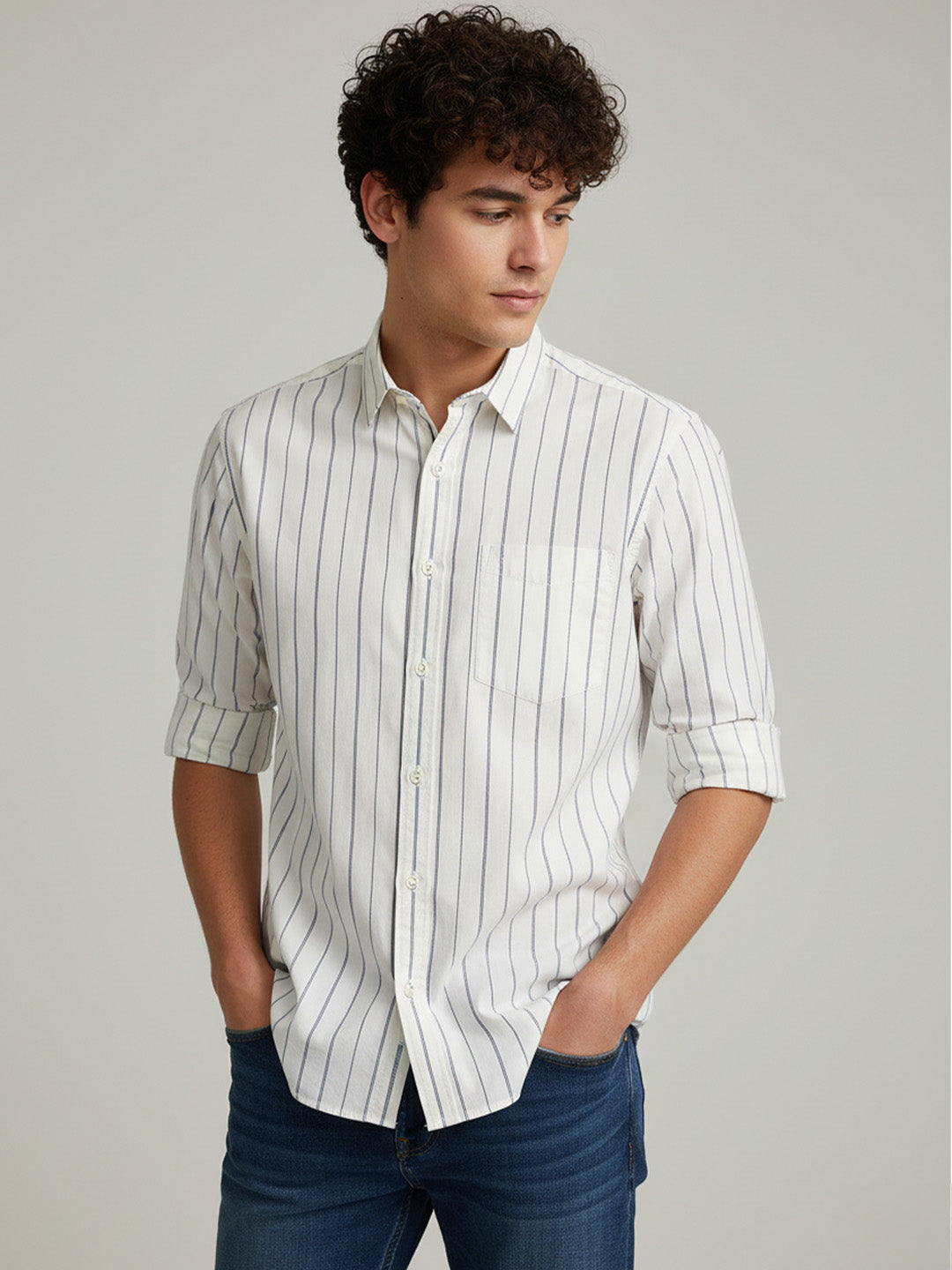 KISHRO Men Cotton Striped Regular Fit Casual Shirt - Navy Blue