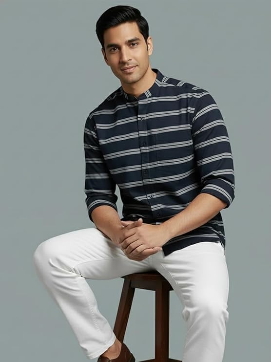 KISHRO Men Cotton Striped Spread Collar Short Kurta - White