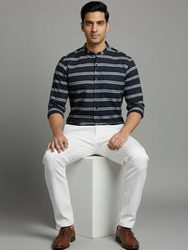 KISHRO Men Cotton Striped Spread Collar Short Kurta - White