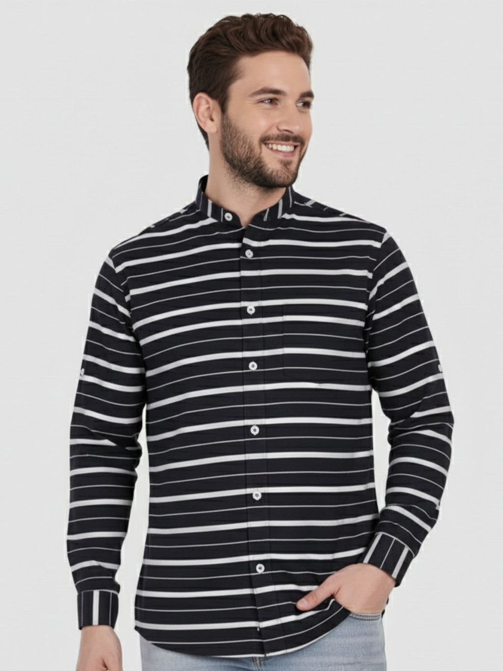 KISHRO Men Cotton Striped Spread Collar Short Kurta - Navy Blue