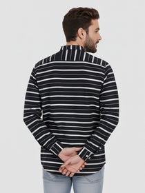 KISHRO Men Cotton Striped Spread Collar Short Kurta - Navy Blue