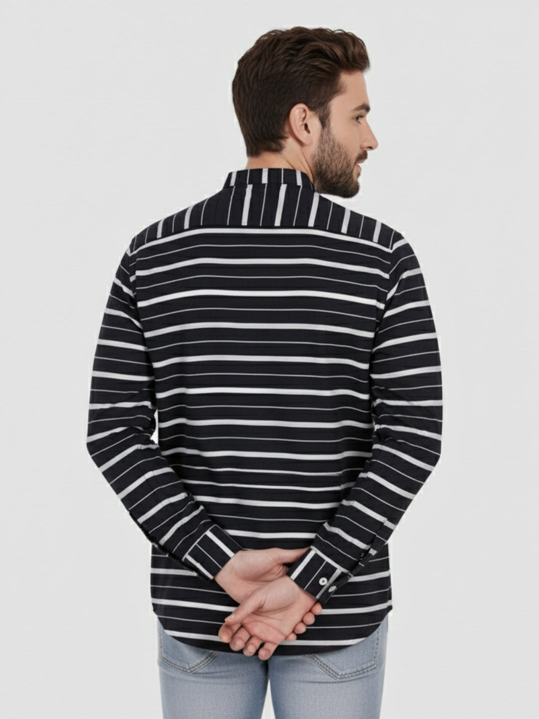KISHRO Men Cotton Striped Spread Collar Short Kurta - Navy Blue