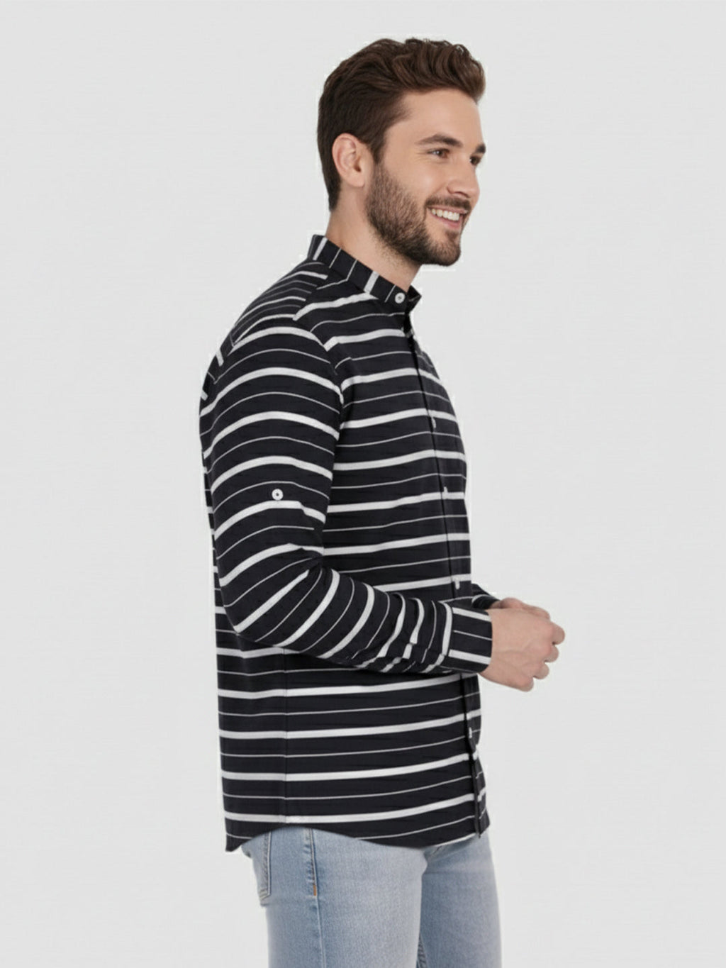 KISHRO Men Cotton Striped Spread Collar Short Kurta - Navy Blue