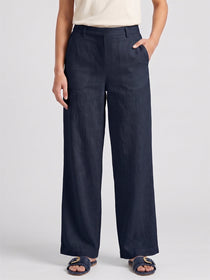 KISHRO Women Linen Solid Full Length Wide-Leg Trousers - Navy Blue