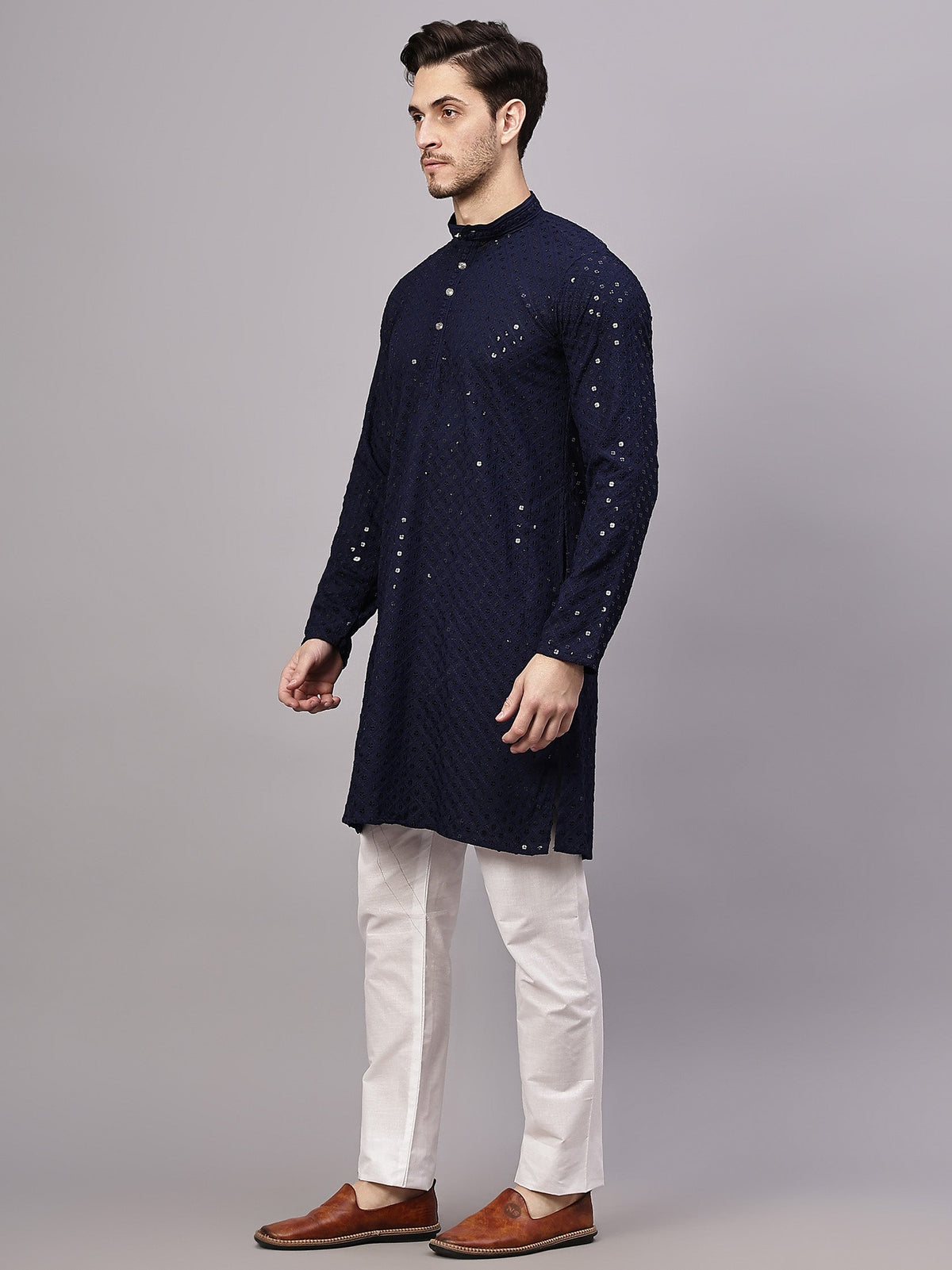 KISHRO Men Rayon Schiffli Chikankari Embroidered Long Kurta Set - Yellow