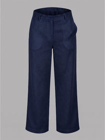 KISHRO Women Linen Solid Full Length Wide-Leg Trousers - Navy Blue