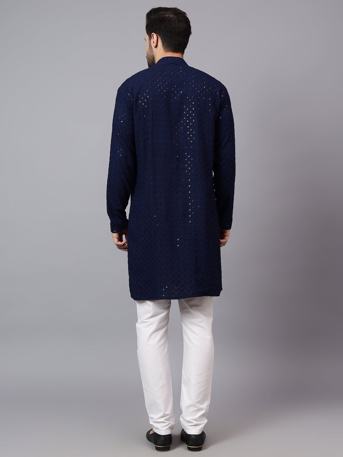 KISHRO Men Rayon Schiffli Chikankari Embroidered Long Kurta Set - Red