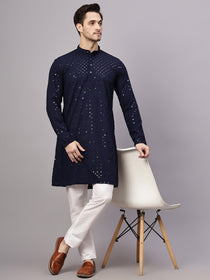KISHRO Men Rayon Schiffli Chikankari Embroidered Long Kurta Set - Yellow