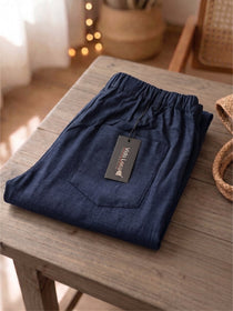 KISHRO Women Linen Solid Full Length Wide-Leg Trousers - Navy Blue