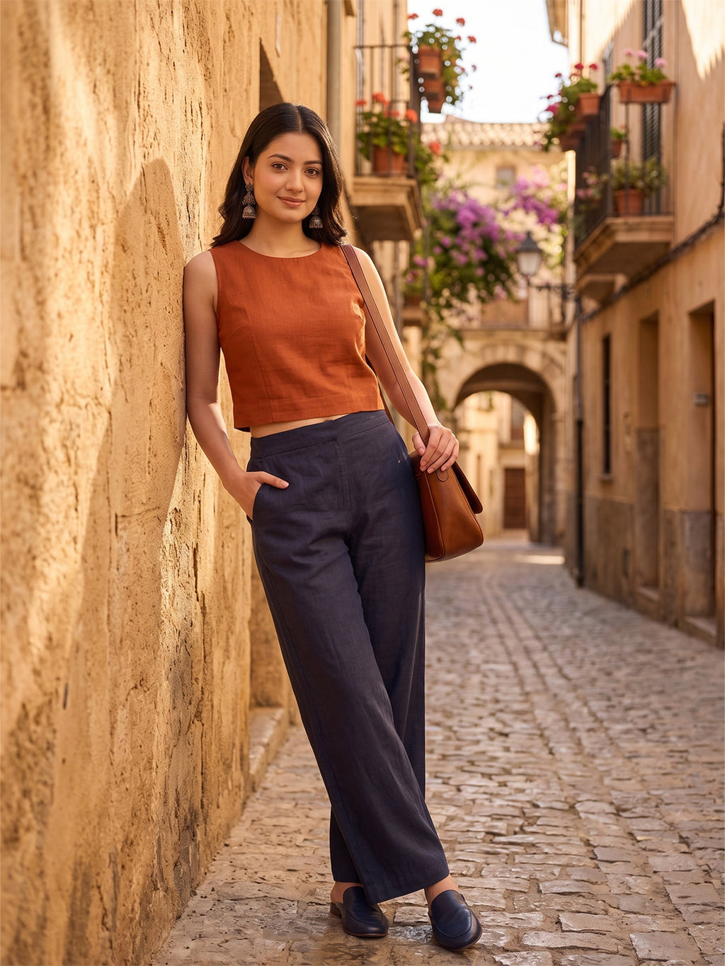 KISHRO Women Linen Solid Full Length Wide-Leg Trousers - Navy Blue