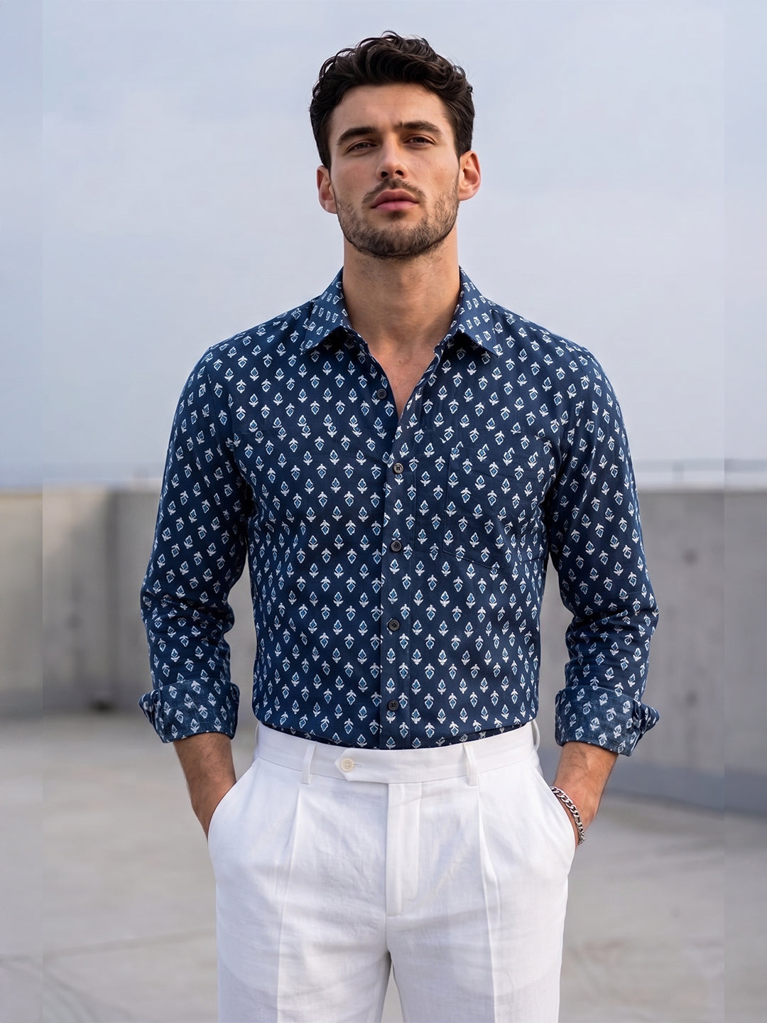 KISHRO Men Cotton Printed Regular Fit Spread Collar Casual Shirt - Navy Blue Main image