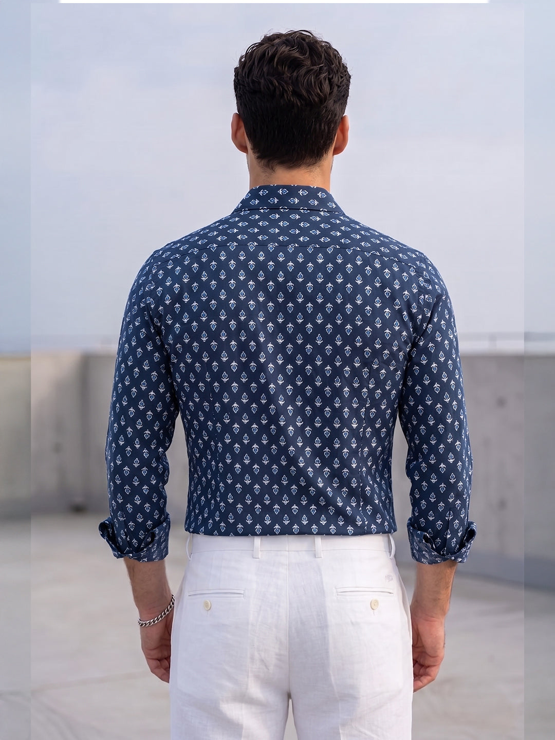KISHRO Men Cotton Printed Regular Fit Spread Collar Casual Shirt - Navy Blue Secondary image