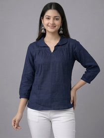 KISHRO Women Linen Cotton Regular Fit V-Neck Top - White