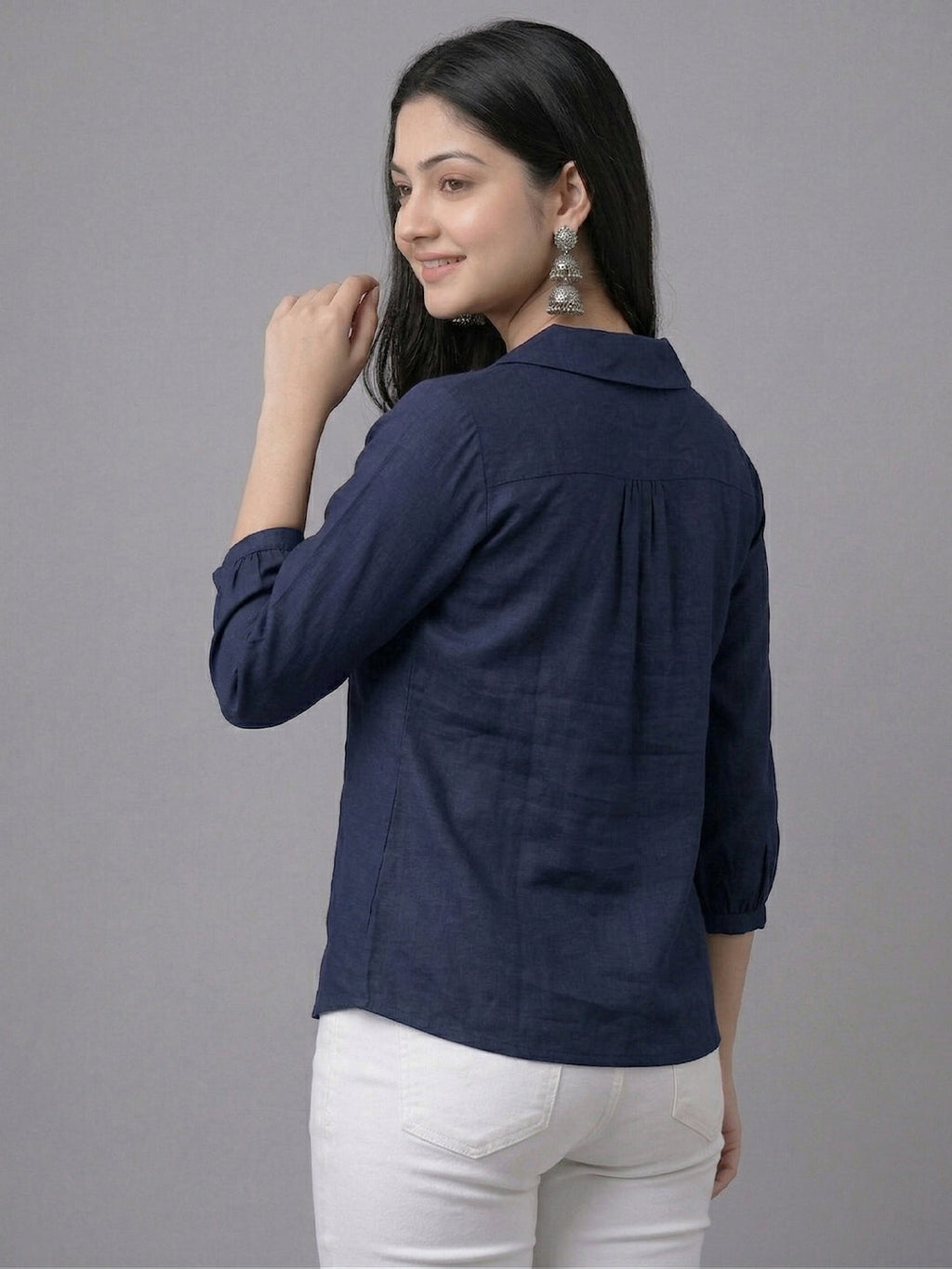 KISHRO Women Linen Cotton Regular Fit V-Neck Top - White