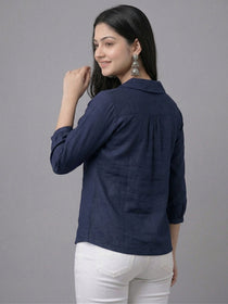 KISHRO Women Linen Cotton Regular Fit V-Neck Top - White