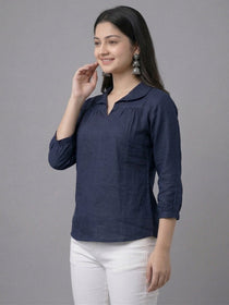 KISHRO Women Linen Cotton Regular Fit V-Neck Top - White