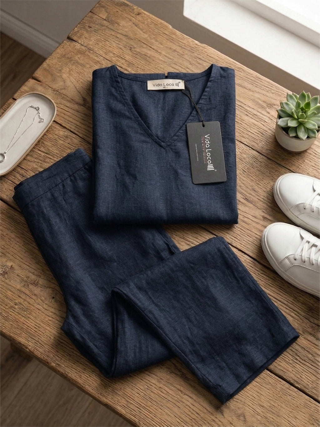 KISHRO Women Linen Solid Relaxed Fit Co-ord Set - Navy Blue